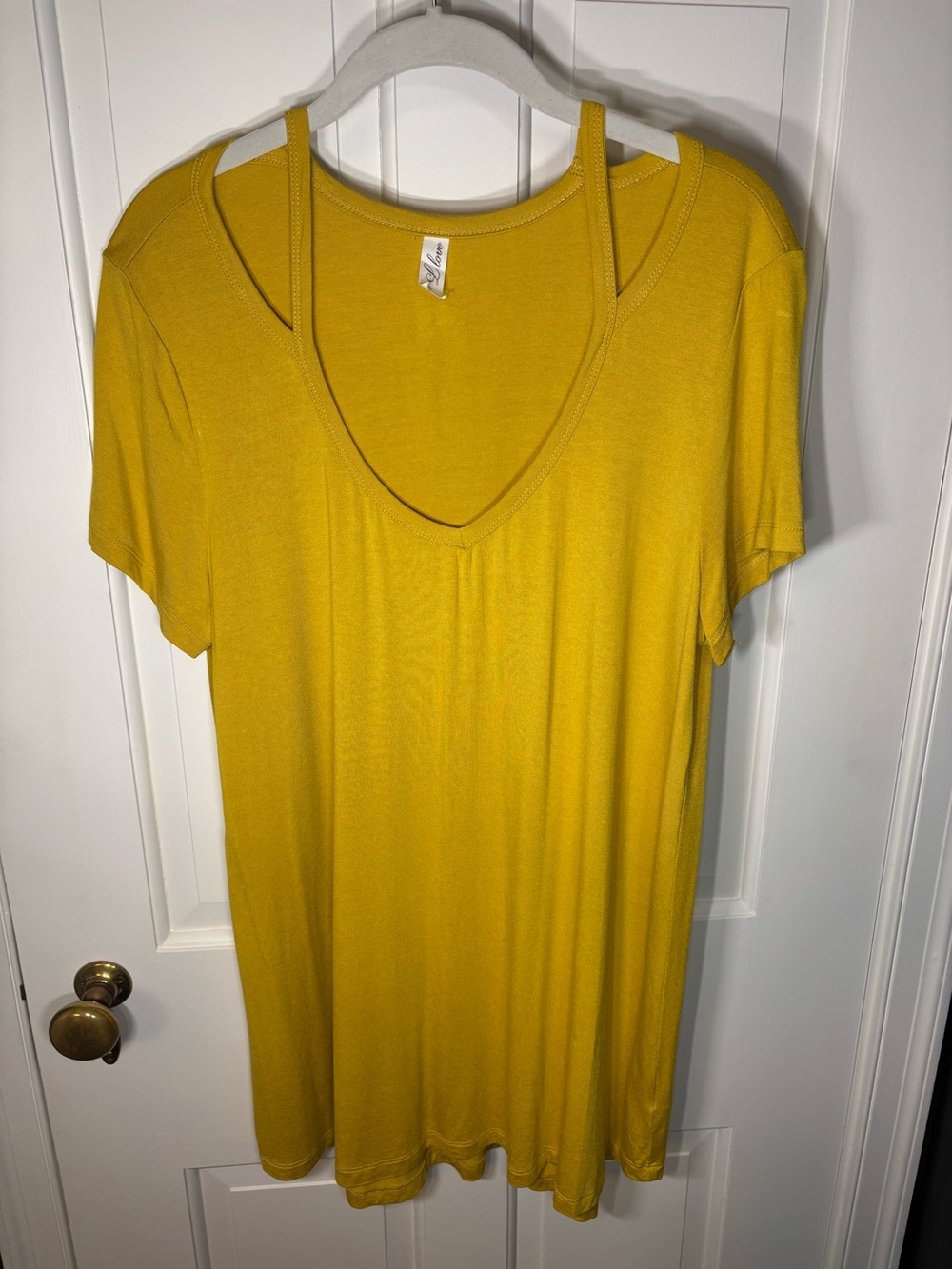 L Love Large V Neck Short Sleeve Tunic Mustard Gold Yellow Tee Shirt